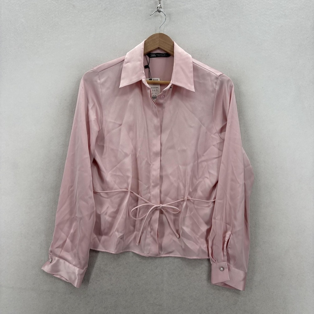 Zara Blouse Womens Medium Pink Satin Collared Button Waist Tie Long Sleeve NWT